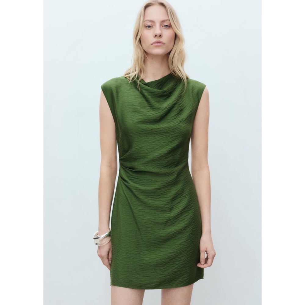 MANGO Draped Textured Green Mini Dress  Women’s M NWT